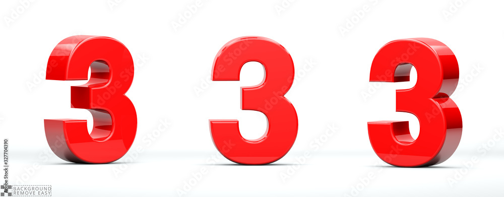 Number 3 of red color in 3 positions. 3d Render illustration at ...