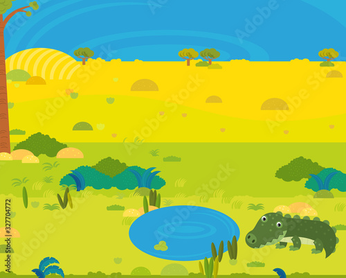 cartoon africa safari scene with cute wild animal by the pond illustration