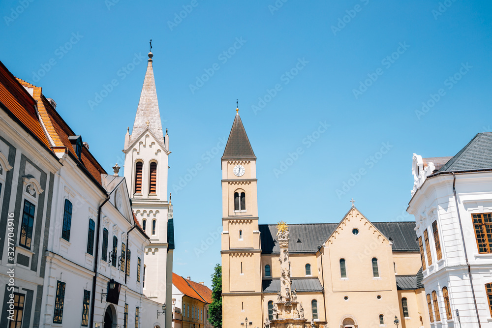 Franciscan Church and Saint Michael's Cathedral and Holy Trinity Column at castle district in Veszprem, Hungary