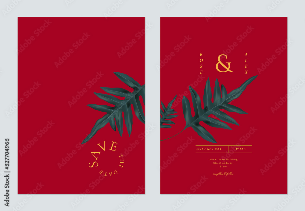 Minimalist foliage wedding invitation card template design, dark blue fern leaves on red