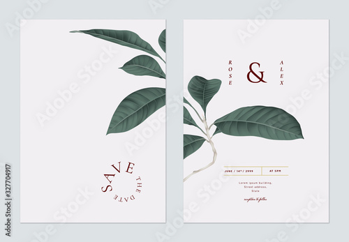 Minimalist foliage wedding invitation card template design, dark green   leaves on light grey