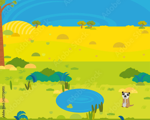 cartoon africa safari scene with cute wild animal by the pond illustration