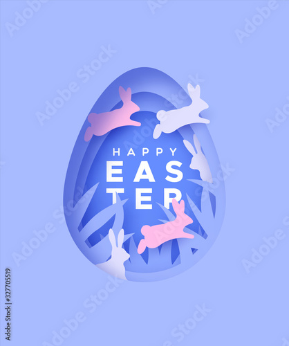 Happy easter paper cut card rabbit jumping in egg