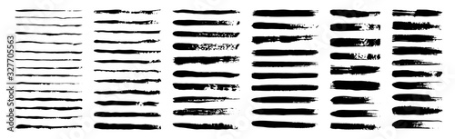 Photo set of grunge black paint, ink brush strokes