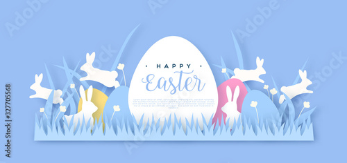 Happy easter papercut spring rabbit web template
