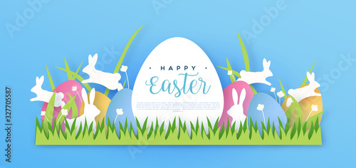 Happy easter papercut spring rabbit web template