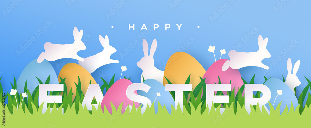 Naklejka Happy easter paper cut card rabbit eggs in spring