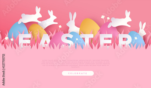 Happy easter papercut spring rabbit web template