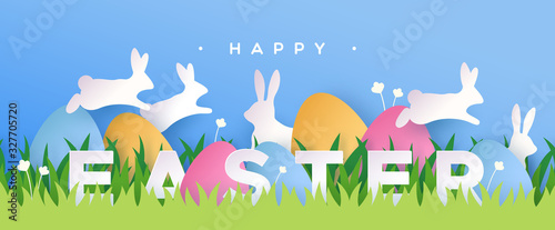 Fototapeta Happy easter paper cut card rabbit eggs in spring