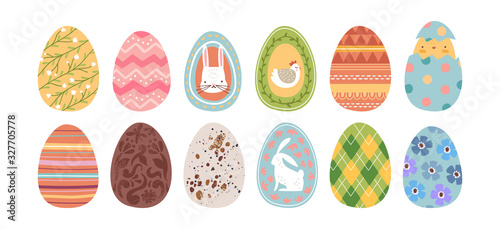 Cute easter egg set isolated with spring rabbit