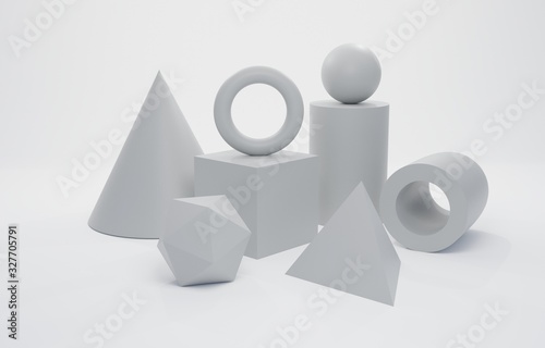 Geometry 3D Graphic Shapes Cube Pyramid Cone Cylinder Torus Sphere ,Abstract still life with simple geometric shapes. 3d render