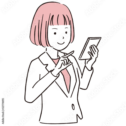 手描き1color  女性 おかっぱ スマホ操作　笑顔