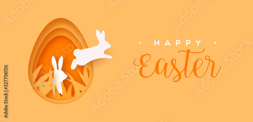 Happy easter paper cut card rabbit jumping in egg Fototapete