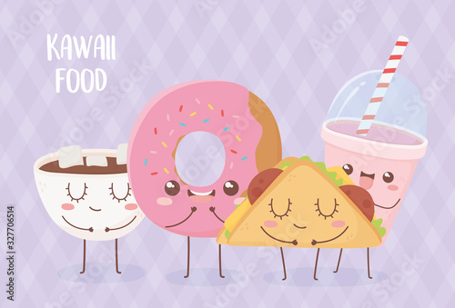 donut chocolate cup donut taco smoothie kawaii food cartoon character design