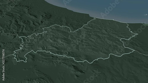 Molise, region with its capital, zoomed and extruded on the administrative map of Italy in the conformal Stereographic projection. Animation 3D photo