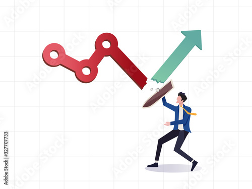 Stock market rebound, investment rising up or leadership to solve problem to success concept, businessman leader holding shield bouncing stock market graph to green rising up from plunging down red.