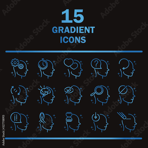 alzheimers disease neurological brain medical condition icons set gradient line black background