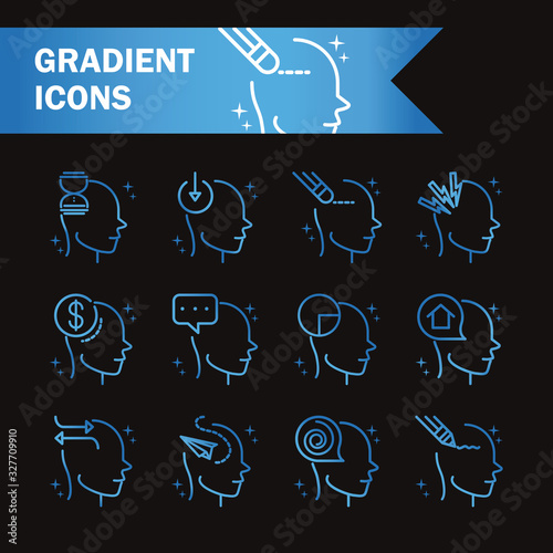 alzheimers disease neurological brain medical condition icons set gradient line black background