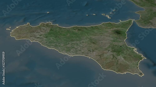 Sicily, autonomous region with its capital, zoomed and extruded on the satellite map of Italy in the conformal Stereographic projection. Animation 3D