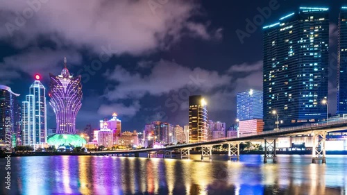 MACAU, CHINA - February 01 2020 : Timelapse of Macau Peninsula city district with lisboa Casino buildings and Great Cathedral Parish reflected in China, casino business concept photo