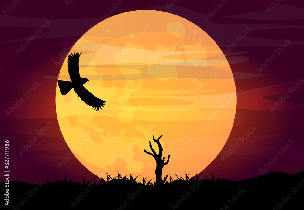 Silhouette of an eagle on a background of the big moon. Beautiful landscape.