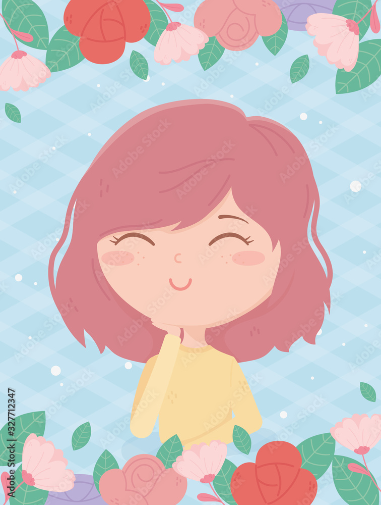 young woman flowers frame checkered background cartoon