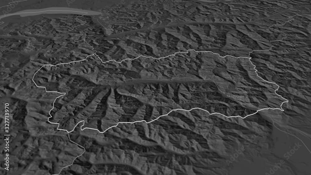 Valle d'Aosta, autonomous region with its capital, zoomed and extruded on the bilevel map of Italy in the conformal Stereographic projection. Animation 3D Valle d'Aosta, autonomous region with its capital, zoomed and extruded on the bilevel map of Italy in the conformal Stereographic projection. Animation 3D
