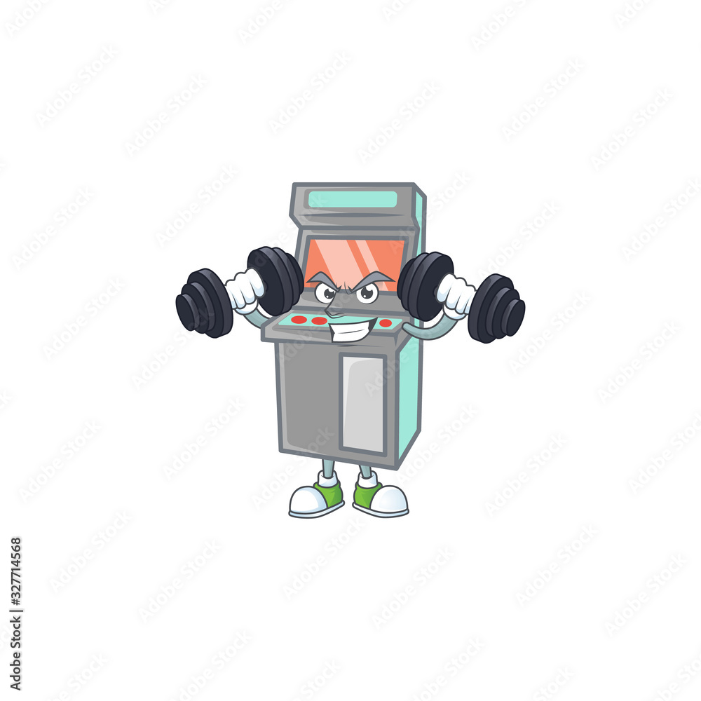 Arcade game machine mascot icon on fitness exercise trying barbells Arcade game machine mascot icon on fitness exercise trying barbells