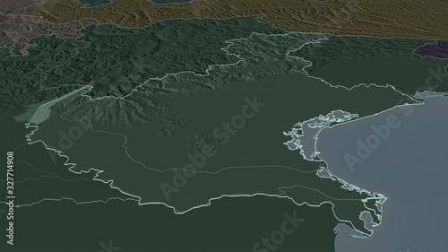 Veneto, region with its capital, zoomed and extruded on the administrative map of Italy in the conformal Stereographic projection. Animation 3D