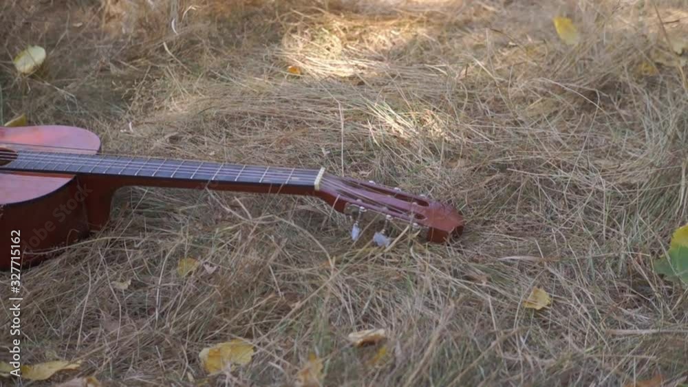 Artistic Picture of the Guitar in the Grass. Wooden acoustic guitar lying in the foreground in a green grassy field