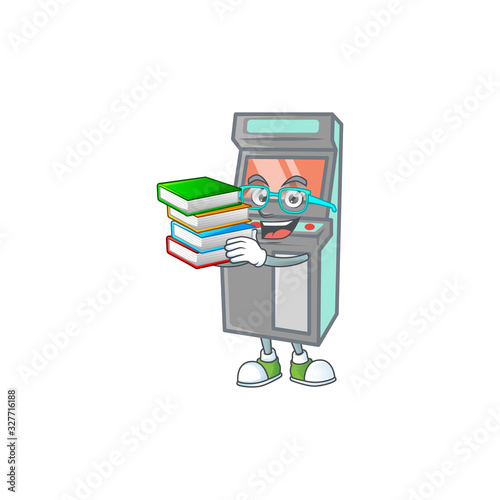 A brainy clever cartoon character of arcade game machine studying with some books