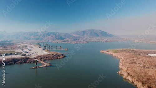 Aerial view of Mittry Lake and camping; wildfire smoke in distance - Yuma Arizona