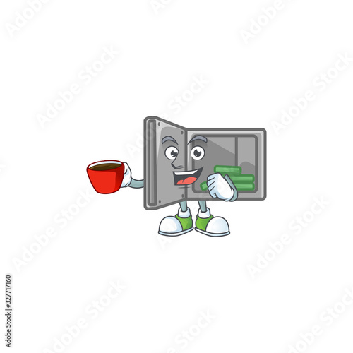 Cool security box open cartoon character with a cup of coffee © kongvector