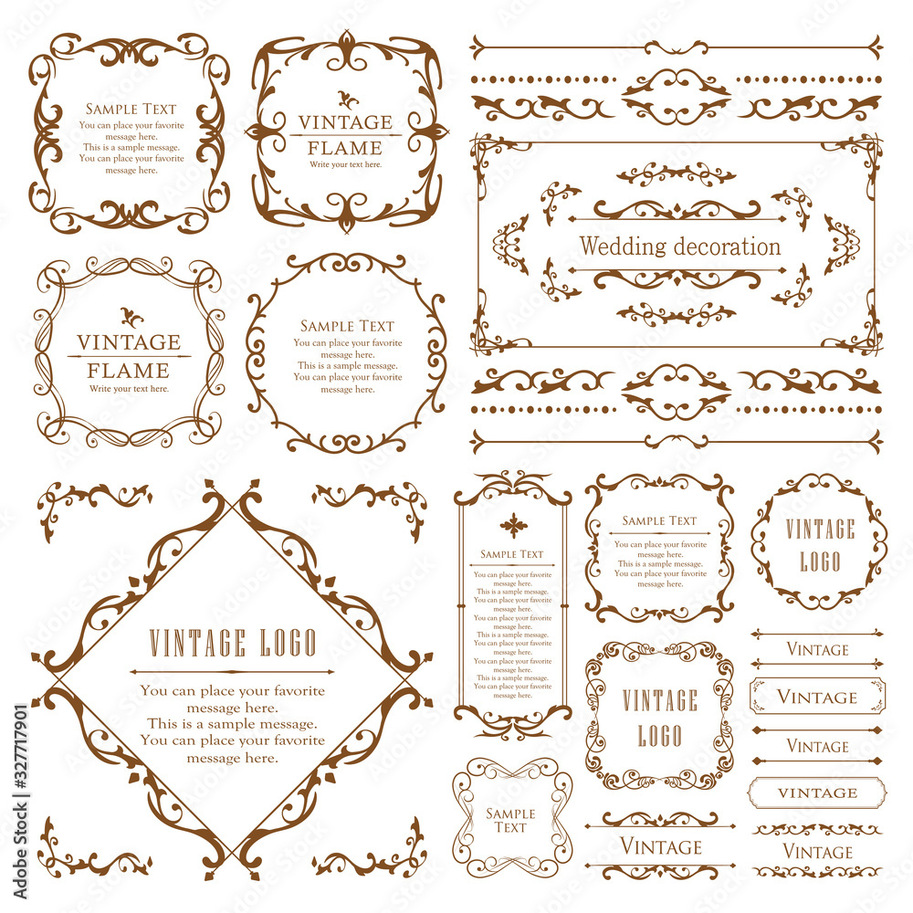 高級感のあるビンテージ調のフレームデザインセット　罫線　枠　ウエディング　ビンテージ　アンティーク