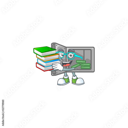 A brainy clever cartoon character of security box open studying with some books