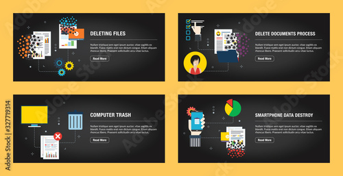Set of internet banner design templates for web sites, internet marketing, and business. Deleting files, delete documents, computer trash, and smartphone data destroy. Flat design vector.