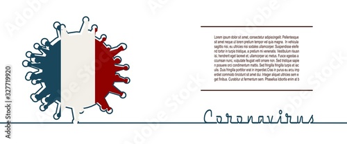 Abstract virus silhouette and Coronavirus text in thin line style. Coronavirus virus danger relative illustration. Medical research theme. Virus epidemic alert. Flag of the France