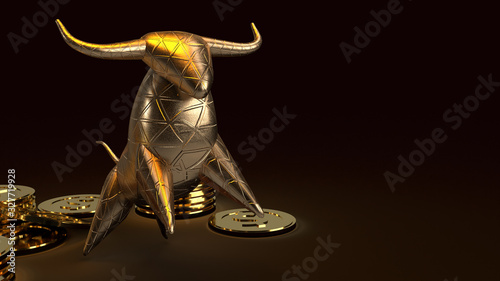 bull gold and gold coins 3d rendering in dark tone for business content.