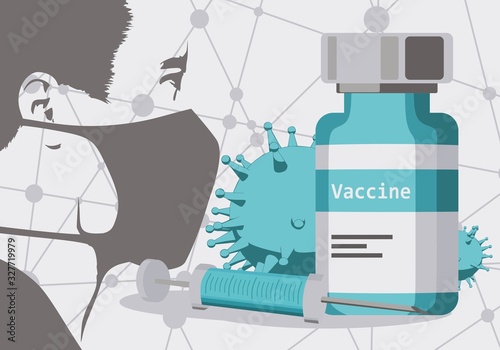 Abstract icon of man wearing a medical mask. Lines with dots connected background. Viruses, syringe and vial