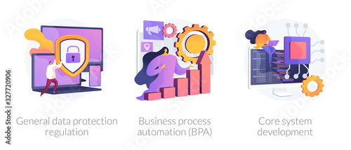 Privacy law, digital transformation, programming. General data protection regulation, business process automation, core system development metaphors. Vector isolated concept metaphor illustrations