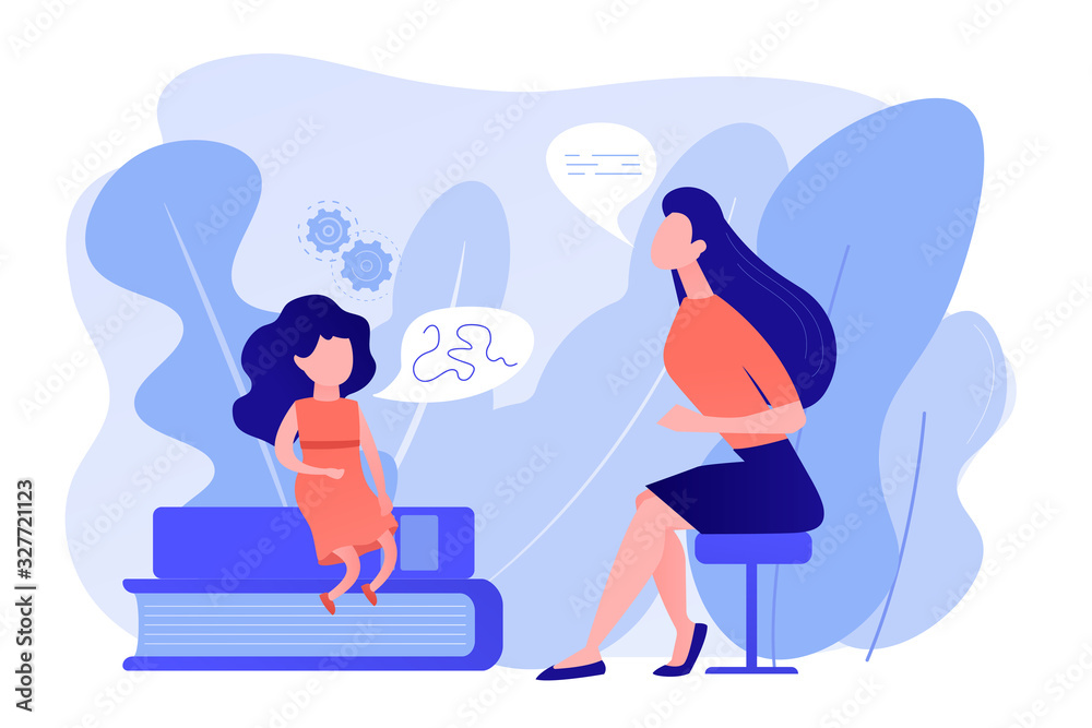 Speech-language pathologist. Basic language skills. Articulation problem. Speech therapy, language therapy, improve language development concept. Pinkish coral bluevector vector isolated illustration