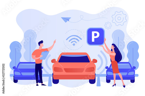 Self-driving car with sensors automatically parked in parking lot. Self-parking car system, self-parking vehicle, smart parking technology concept. Pinkish coral bluevector isolated illustration