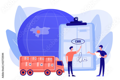 Worldwide logistics and distribution contract. Road transport documents, CMR transport document, international transportation regulation concept. Pinkish coral bluevector isolated illustration