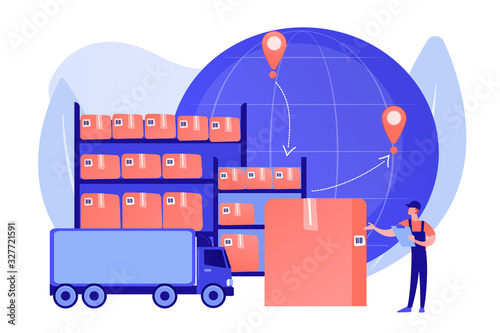 Order worldwide delivery service. Storehouse products storage. Transit warehouse, bonded warehouse, transferring process of goods concept. Pinkish coral bluevector isolated illustration