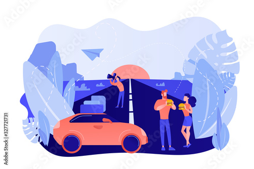 Family enjoying vacation on interstate highway. Photographing scenic sunset view. Road trip, road traveling journey, traveling by car concept. Pinkish coral bluevector isolated illustration