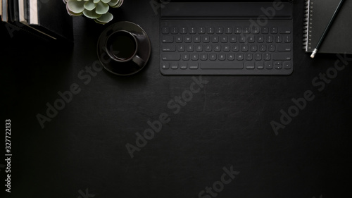 Top view of workplace with office supplies, coffee cup, decorations and copy space