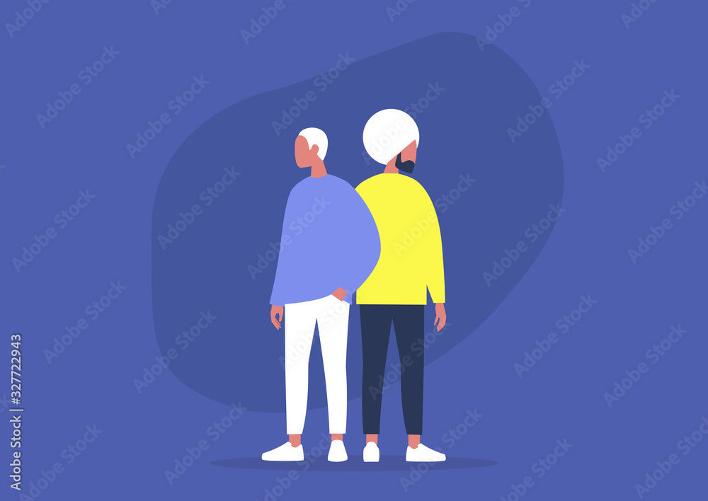 Two young adult character standing back to back, support and trust, partners