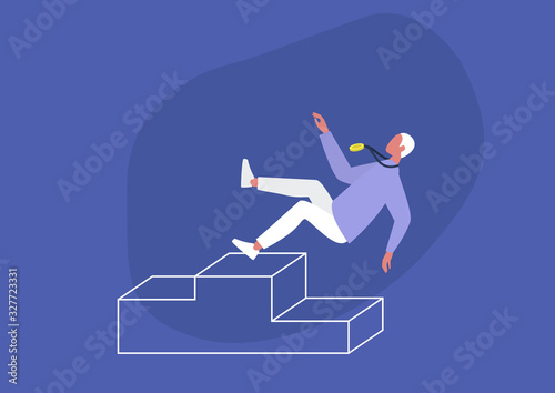 Failure, conceptual illustration, young male character falling from a pedestal, challenge, championship, losing balance