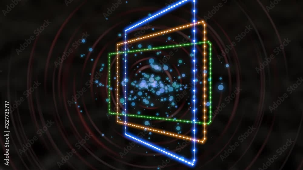 Abstract dotted rectangular frames rotating over dark background with dense magnetic waves all around.