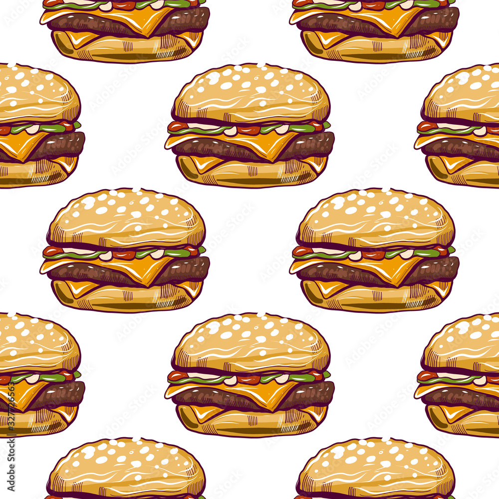 Tasty burger. Seamless pattern. Hand drawn vector Illustration isolated on white background. Tasty burger. Seamless pattern. Hand drawn vector Illustration isolated on white background.